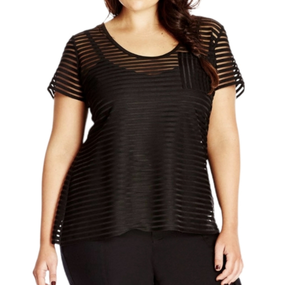 BNWT City Chic Sheer Strip Black Top Stretch Sheer opaque overtop w Pocket  M/18